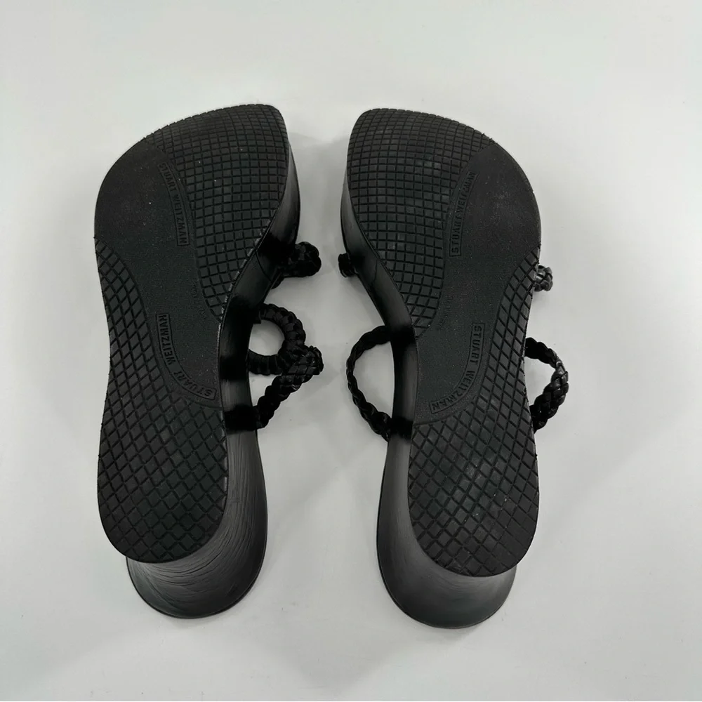 Stuart Weitzman womens sandals 8 black leather braided chunky platform slides